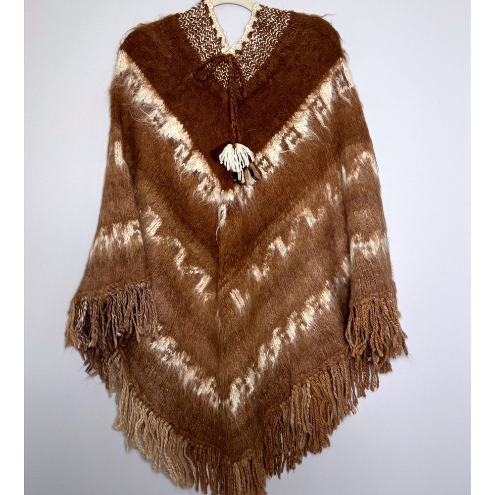 Vintage Knit Fringe Poncho One Size Brown Cream Chevron Tassel Boho Wool Blend - Picture 2 of 7